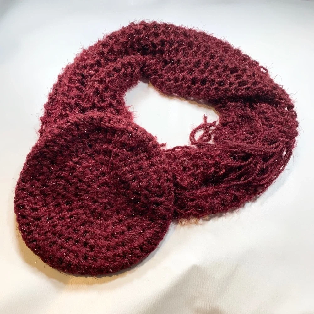 Burgundy 2 Piece Scarf Beanie French Beret Knit With Silver Shimmer Matching Set